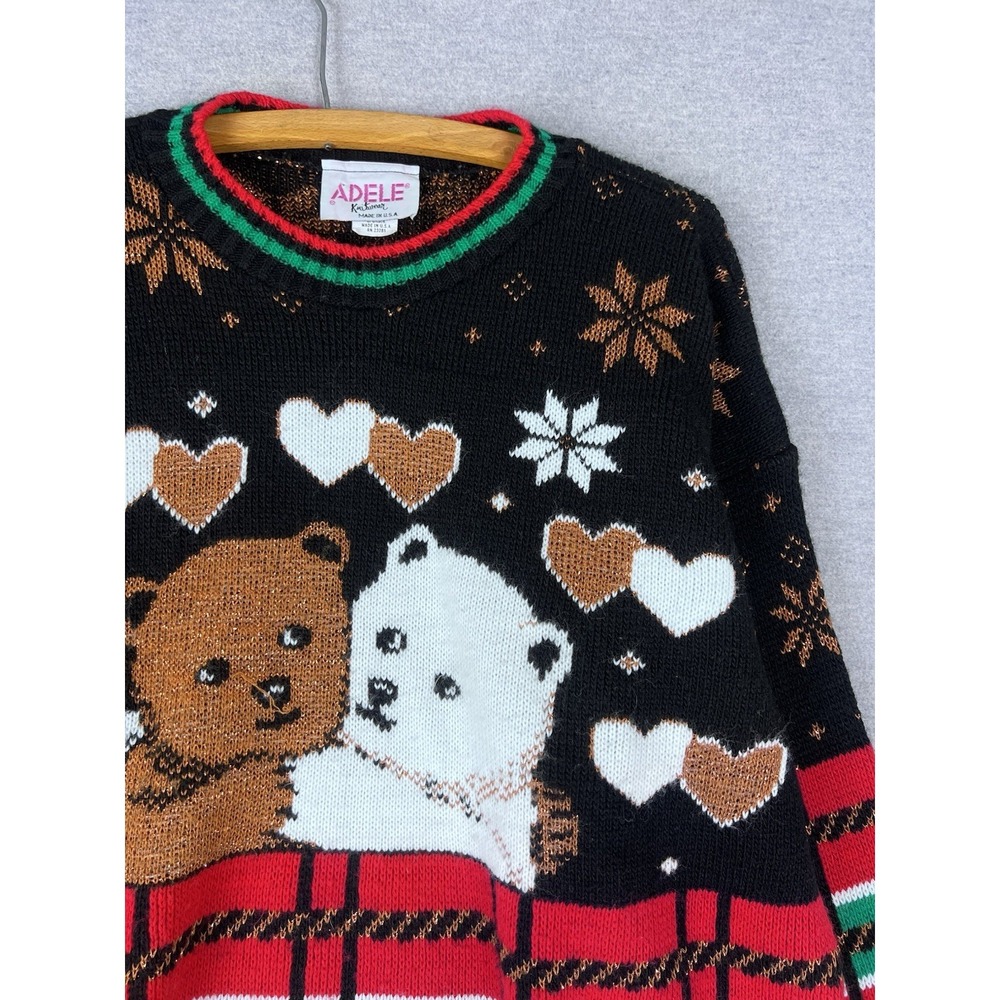 Vintage Adele Knitwear Christmas Sweater Teddy Bear Hearts Plaid Black Large